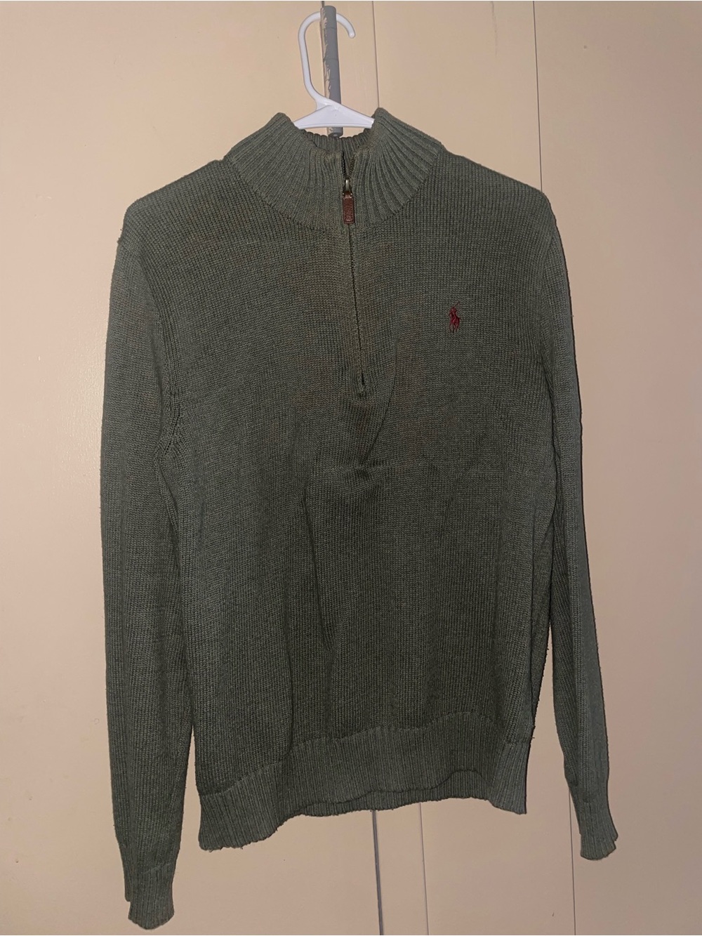 Ralph Lauren Olive Quarter-Zip Knit Sweater with Red Pony